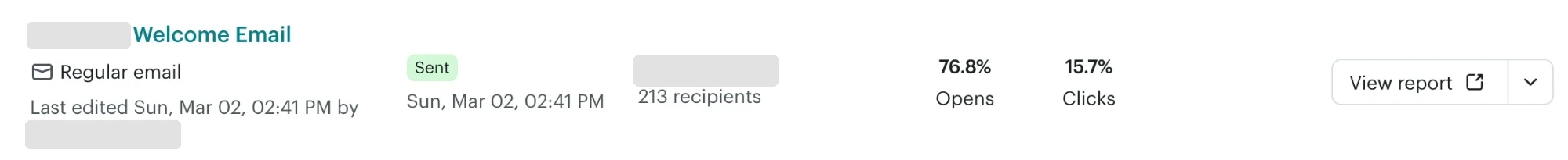 Mailchimp campaign row for the welcome email (client name redacted): sent Sunday 2 March to 213 recipients, 76.8% opens and 15.7% clicks.